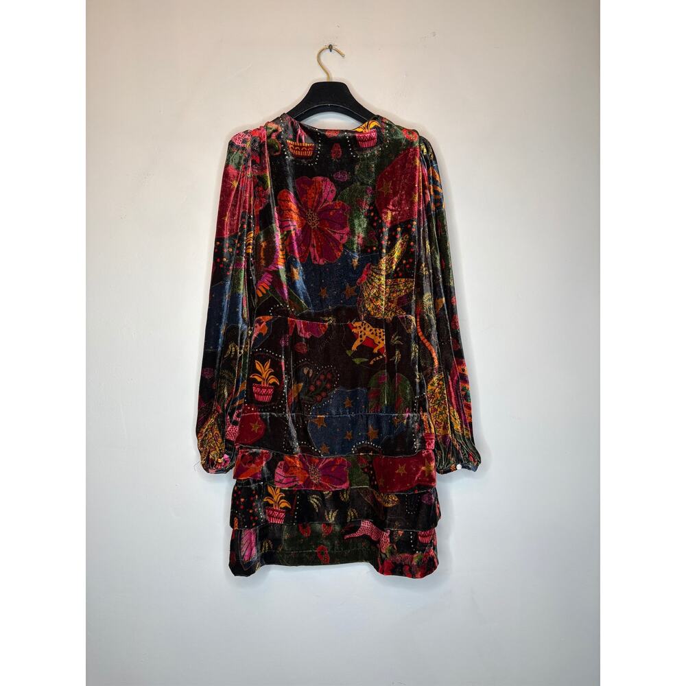 NWOT Farm Rio Crazy Mix Plunge Neck Long Sleeve Velveteen Mini Dress S #D6966 - Picture 3 of 5